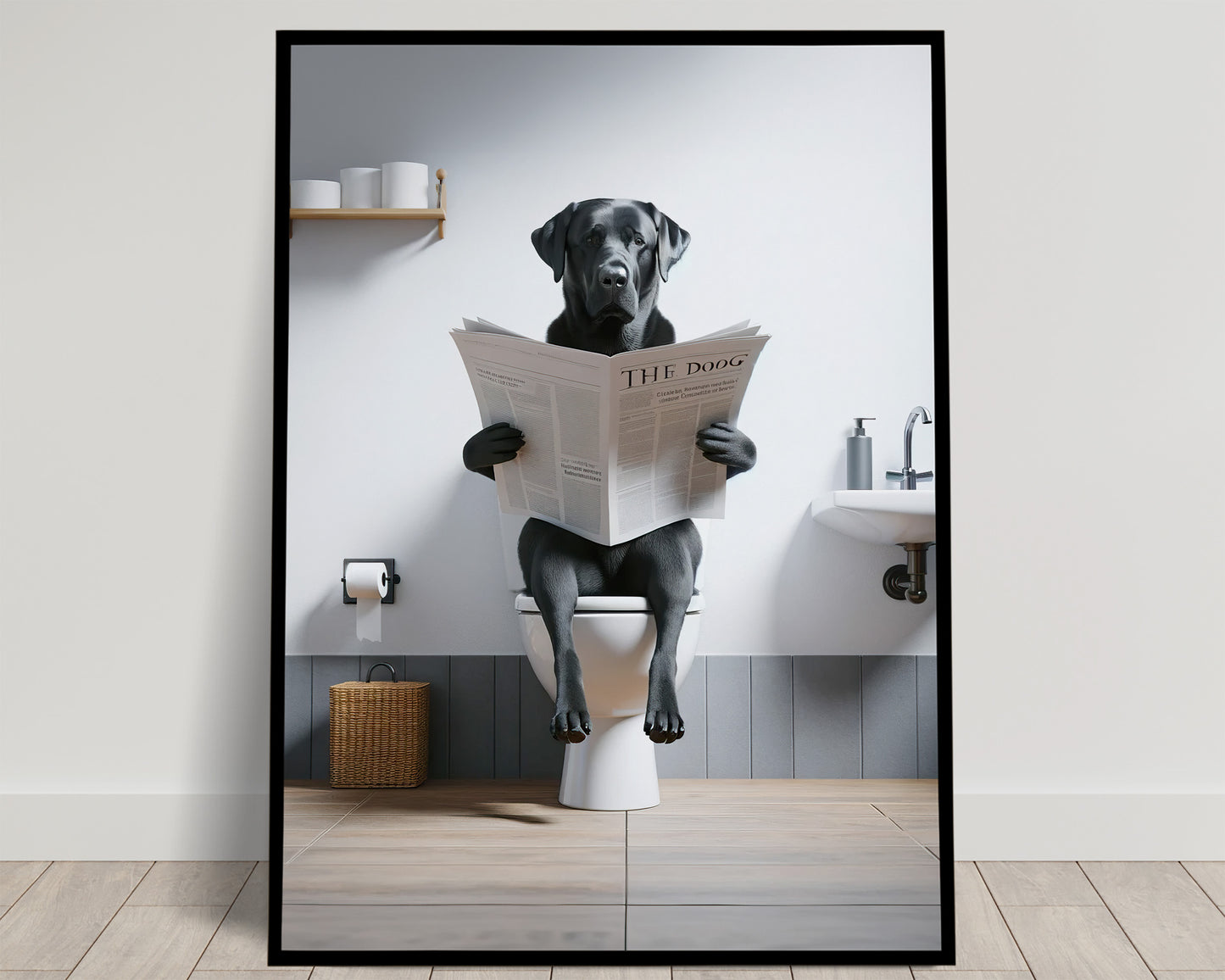 Labrador noir assis sur les toilettes lisant le journal, étagère à papier toilette, salle de bain blanche