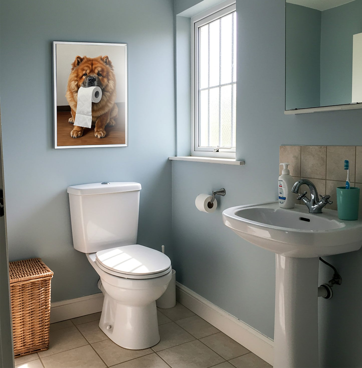 Poster Chow-Chow au papier toilette encadré sur un mur bleu, près d'une fenêtre