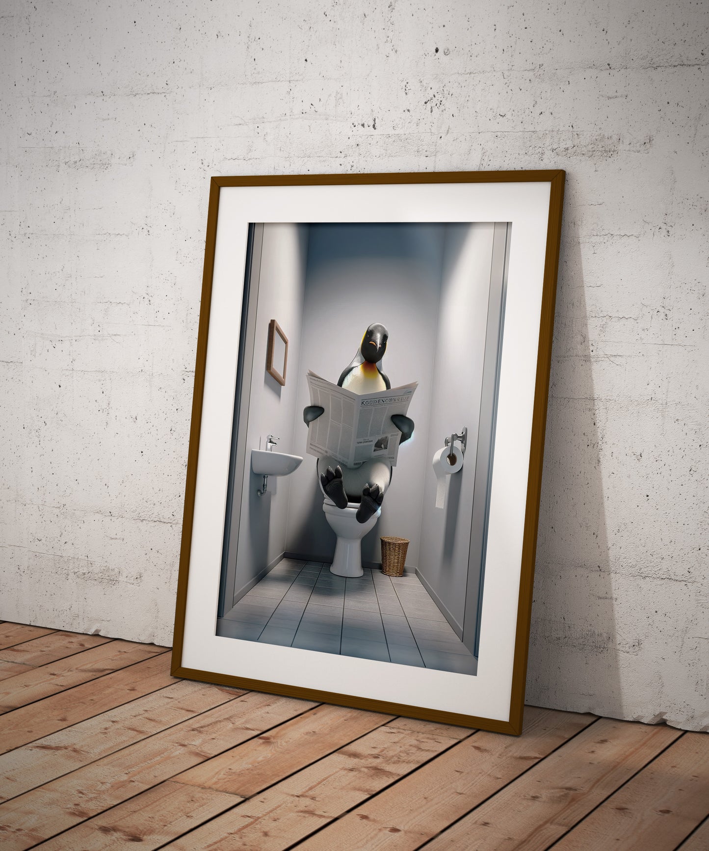 Poster Manchot empereur lisant le journal, Décor humour WC, Cadre déco Salle de bain, Poster Toilettes, Cadeau original