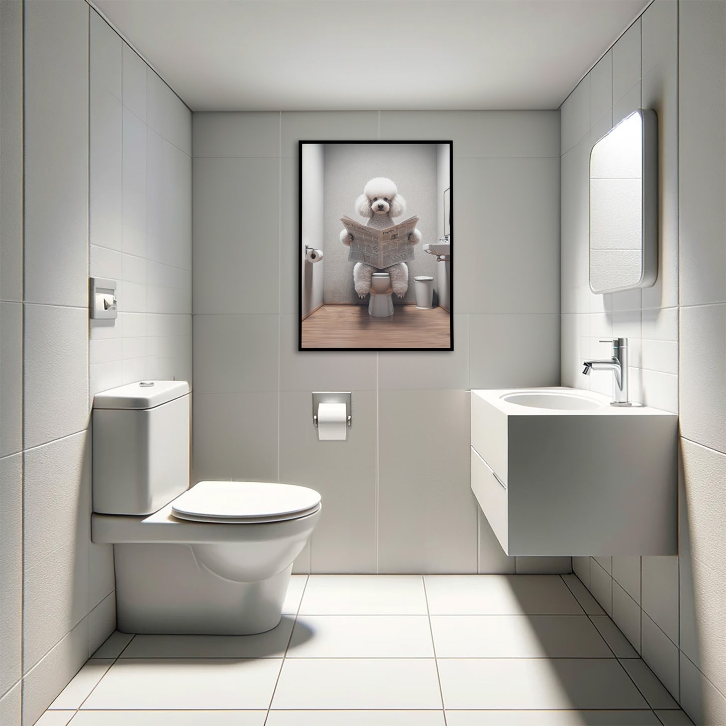 Poster Caniche Lisant le Journal sur Toilettes, Décoration Humoristique WC, Cadre Déco Salle de Bain, Cadeau Fun