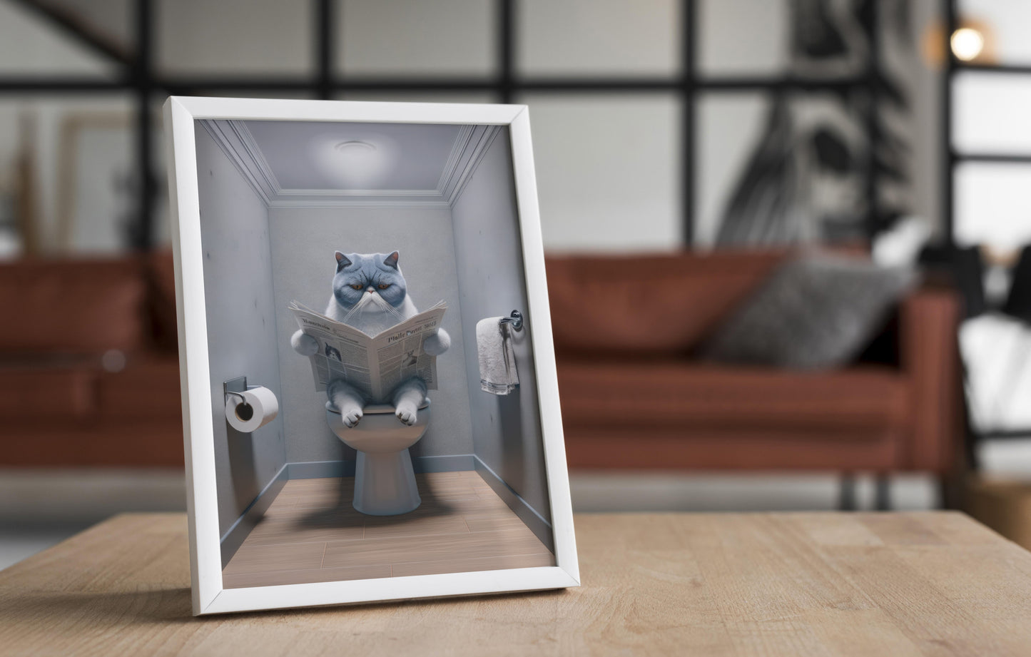 Affiche murale humour Chat Exotic Shorthair Bleu et Blanc lisant, Déco WC Salle de bain, Cadeau original