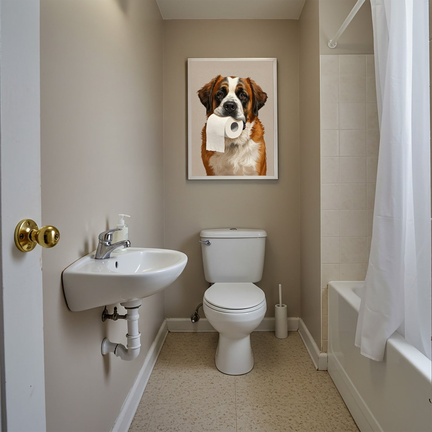 Poster chien Saint-Bernard drôle pour toilettes – Idée cadeau WC, décoration murale, affiche encadrée, art mural humoristique