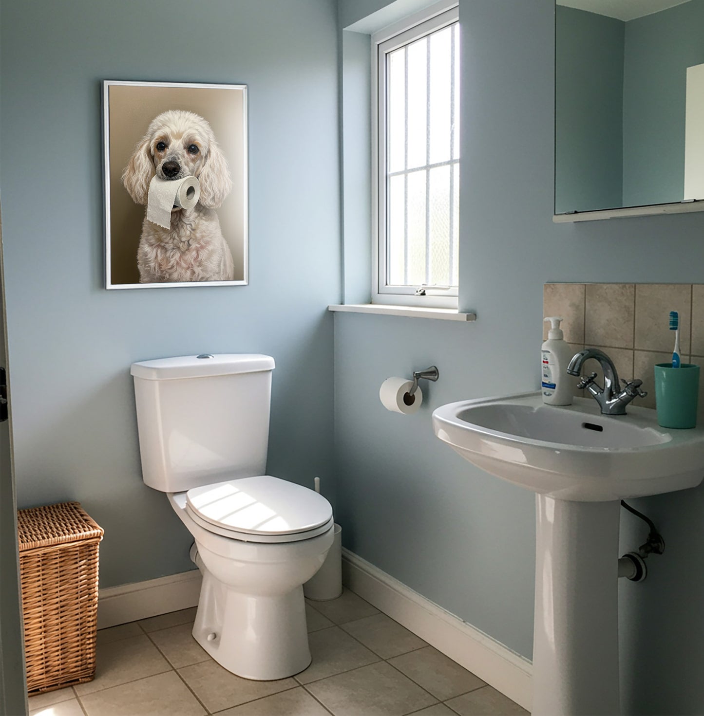 Mur bleu clair des toilettes avec le poster caniche blanc au papier toilette en cadre blanc et un panier en osier