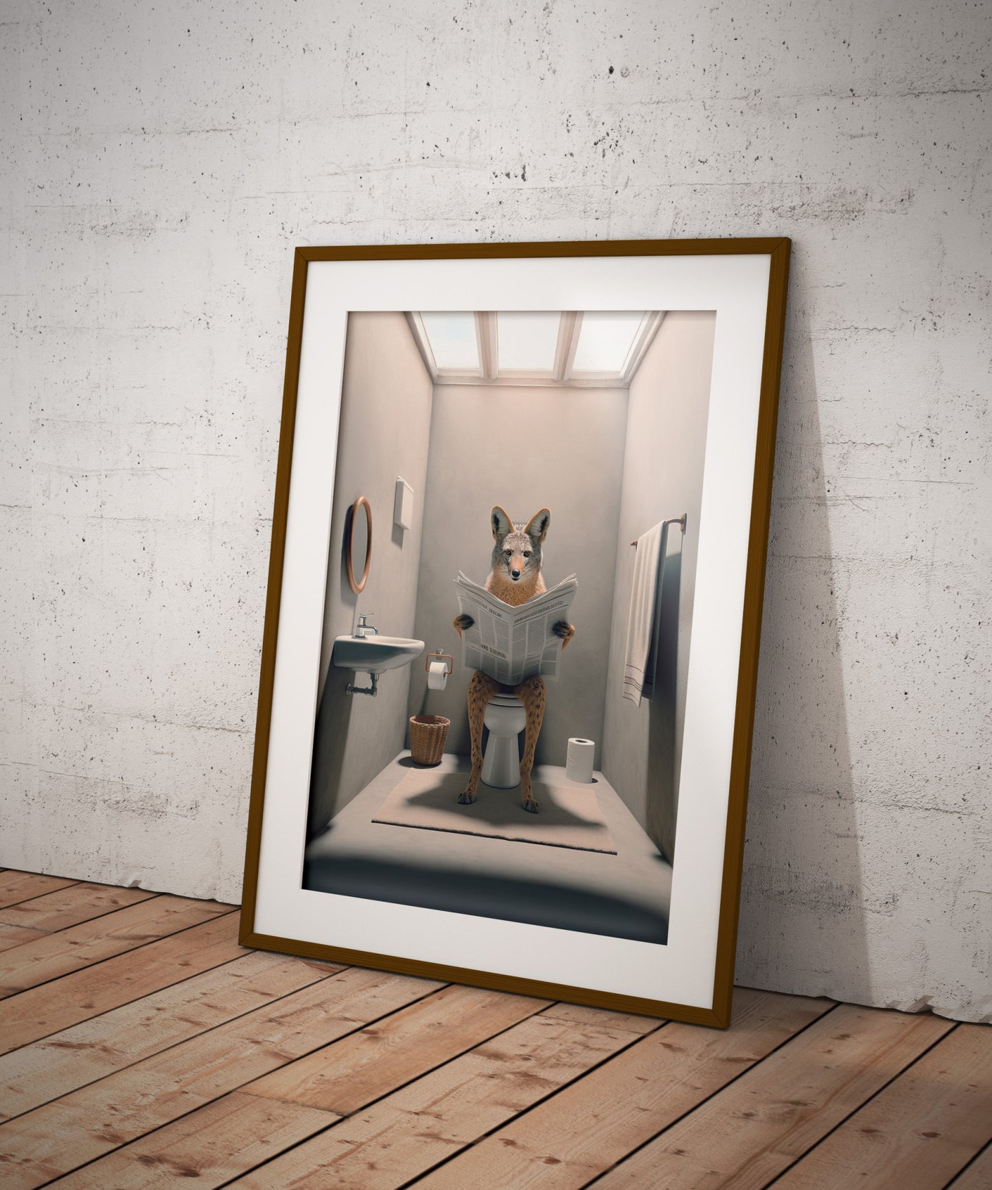 Matted jackal reading the newspaper poster in a dark wood frame resting on a plank floor