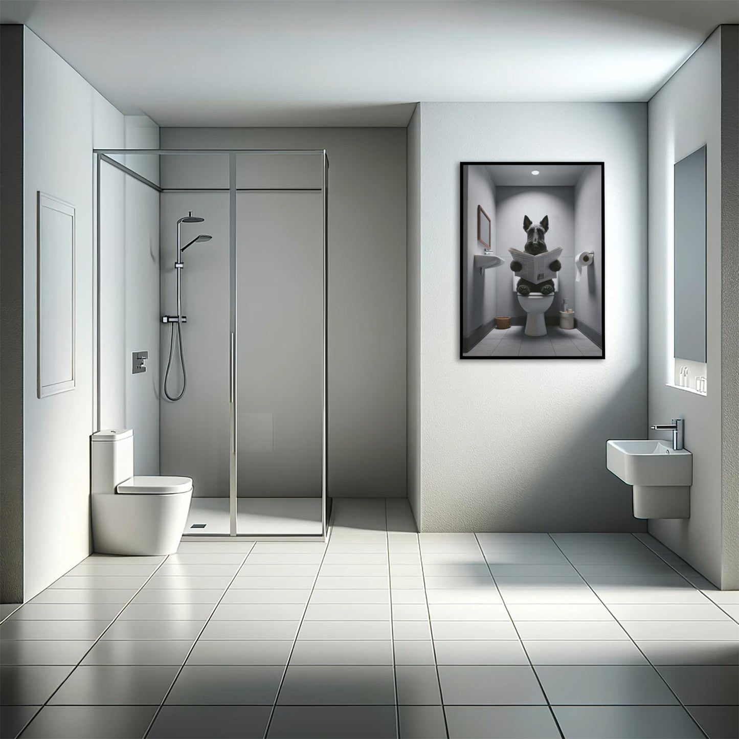Affiche Terrier écossais lisant le journal, cadre noir au mur d'une salle de bain grise avec douche vitrée