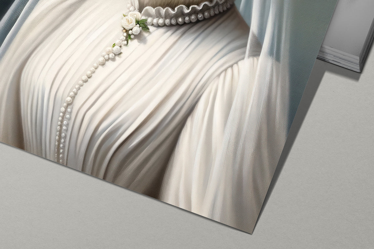Detail of the koala in wedding dress poster: pleated white dress, pearl buttons and tiny flowers