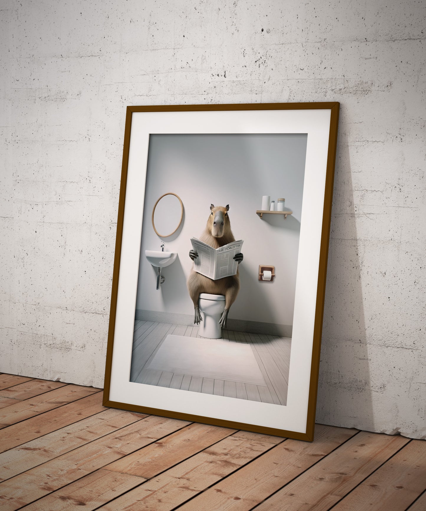 Poster capybara lisant le journal aux toilettes en cadre bois foncé et passe-partout, au sol contre un mur blanchi