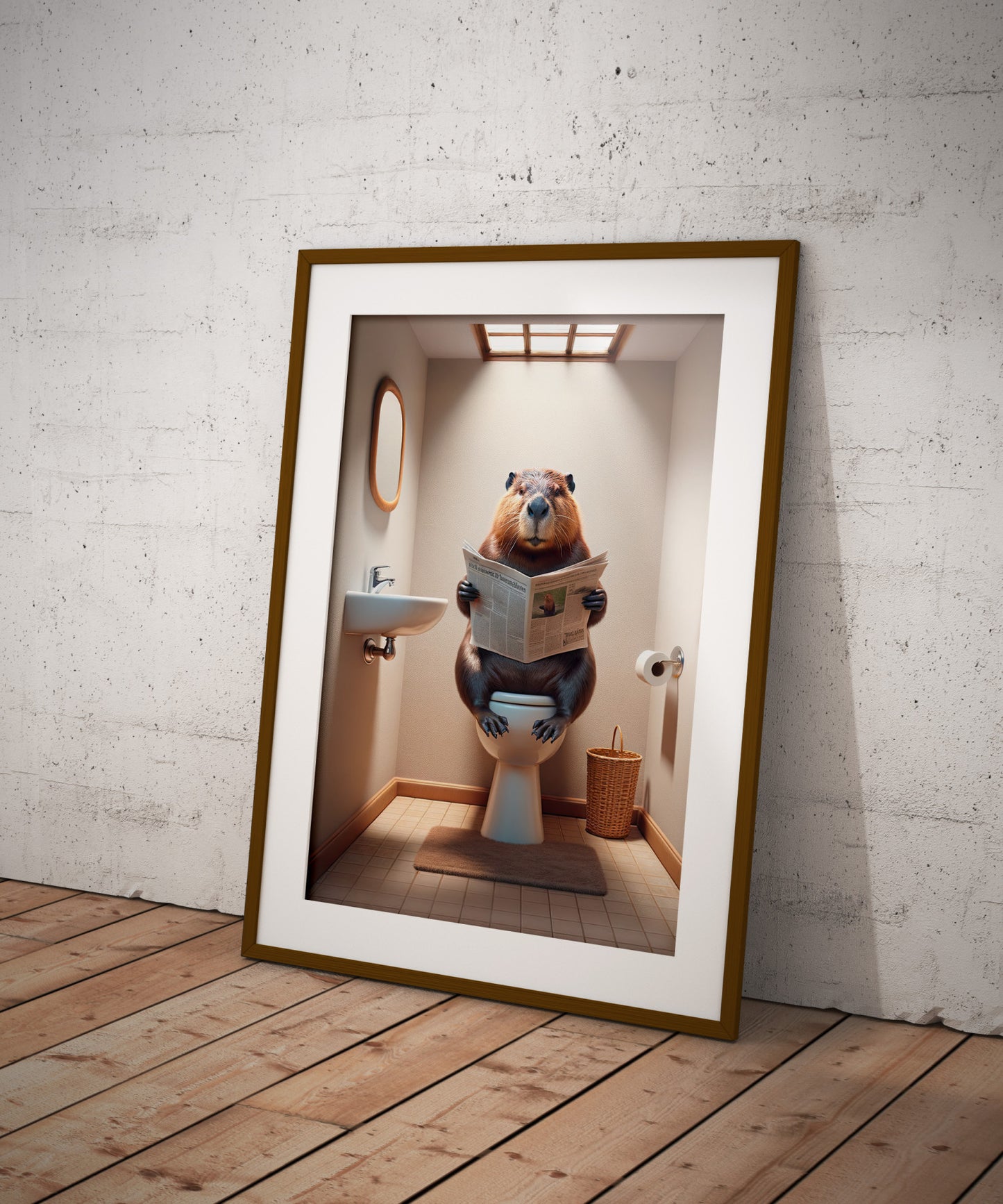 Poster Humour : Castor Lisant le Journal aux Toilettes, Décoration Salle de Bain, Cadeau Amusant, Art Mural WC