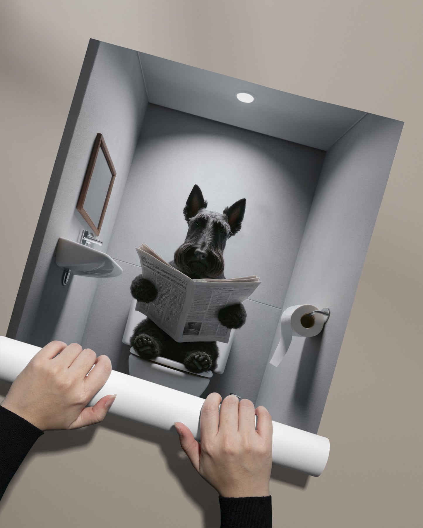 Affiche Terrier écossais lisant le journal sans cadre, déroulée à la main sur fond beige
