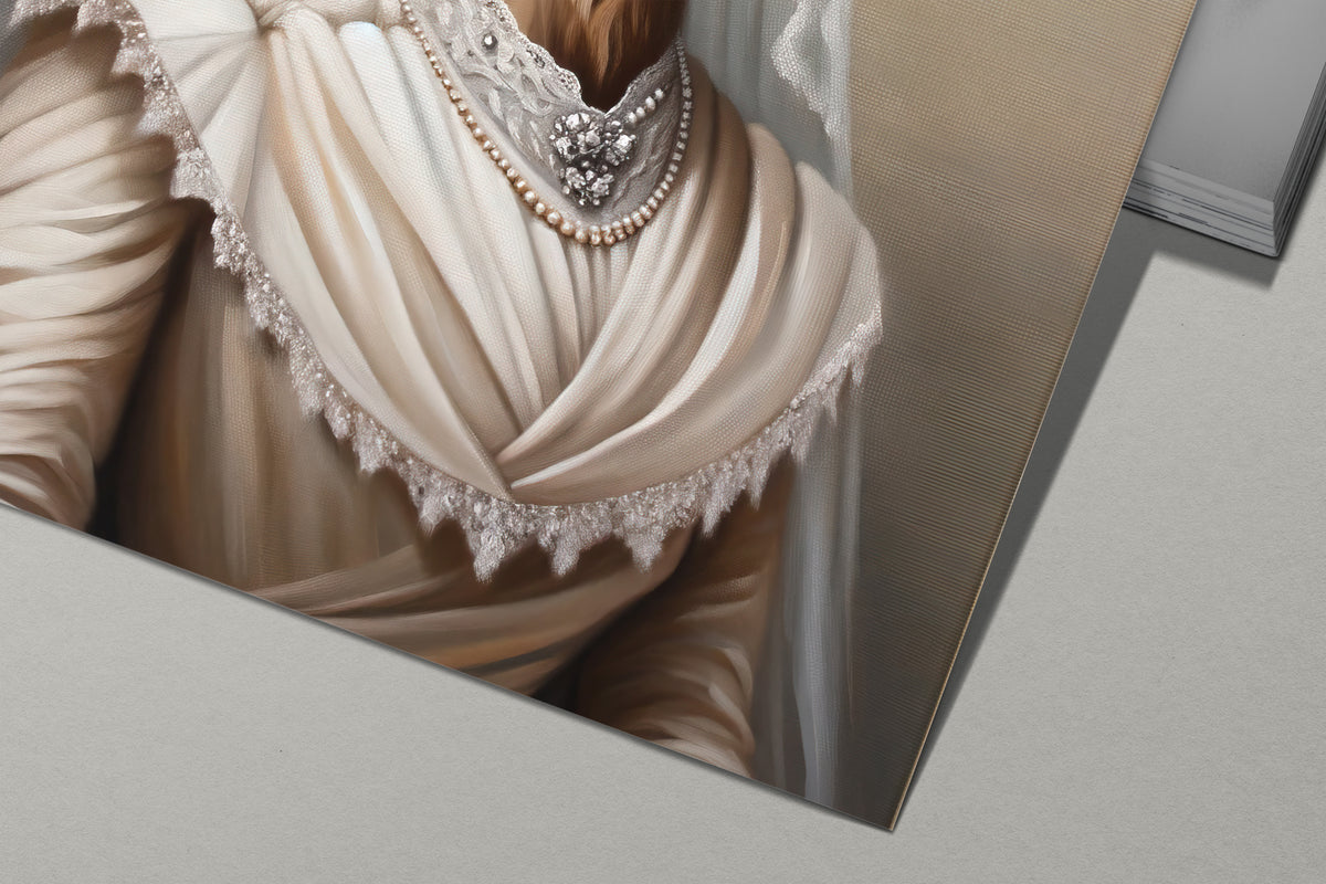Detail of the camel in wedding dress poster: cream drape, lace collar and brooch
