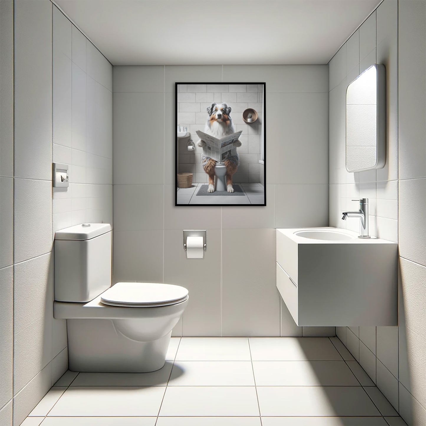 Poster berger australien lisant le journal en cadre noir au-dessus d'un WC suspendu, toilettes carrelées