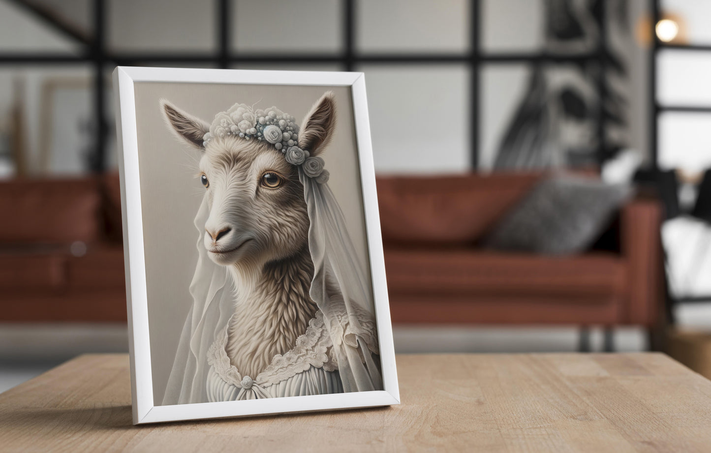 Sheep in a wedding dress poster in a white frame on a wooden table, living room with a leather sofa