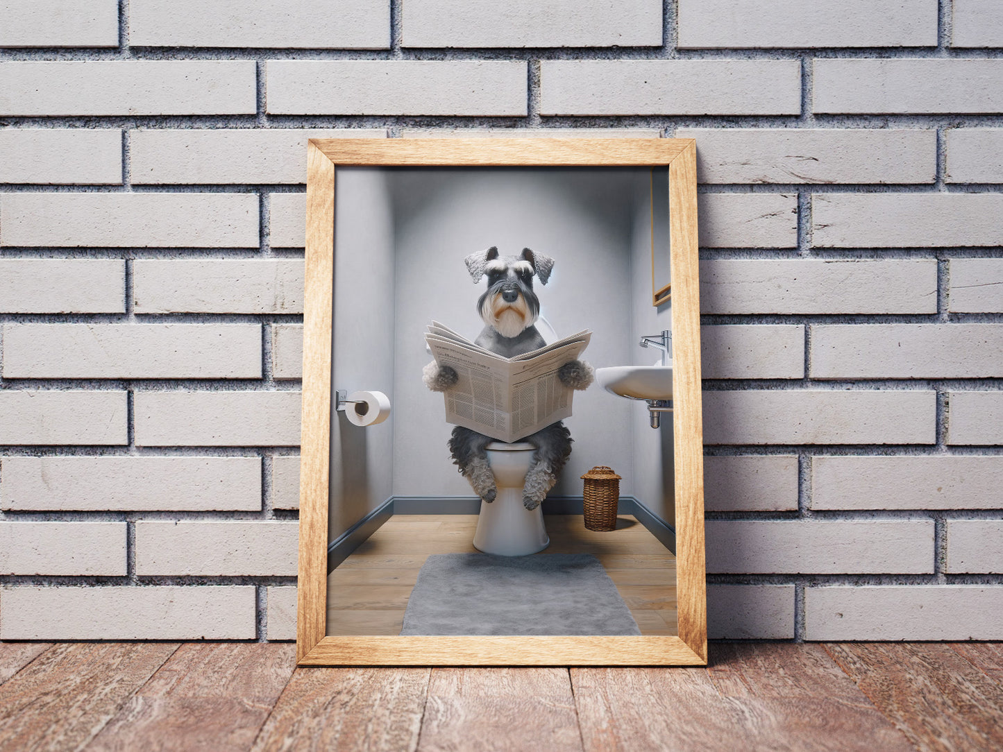Poster Humoristique: Schnauzer Lisant le Journal sur les Toilettes, Décoration WC, Déco Salle de Bain, Cadeau Amusant