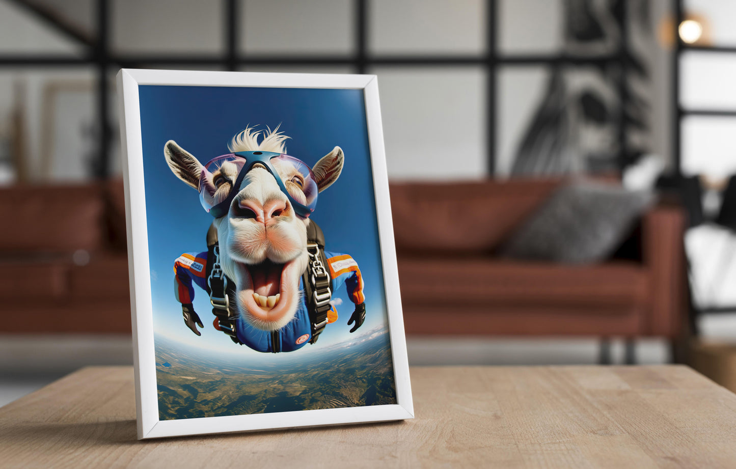 White-framed skydiving goat poster standing on a wooden table in front of a leather couch