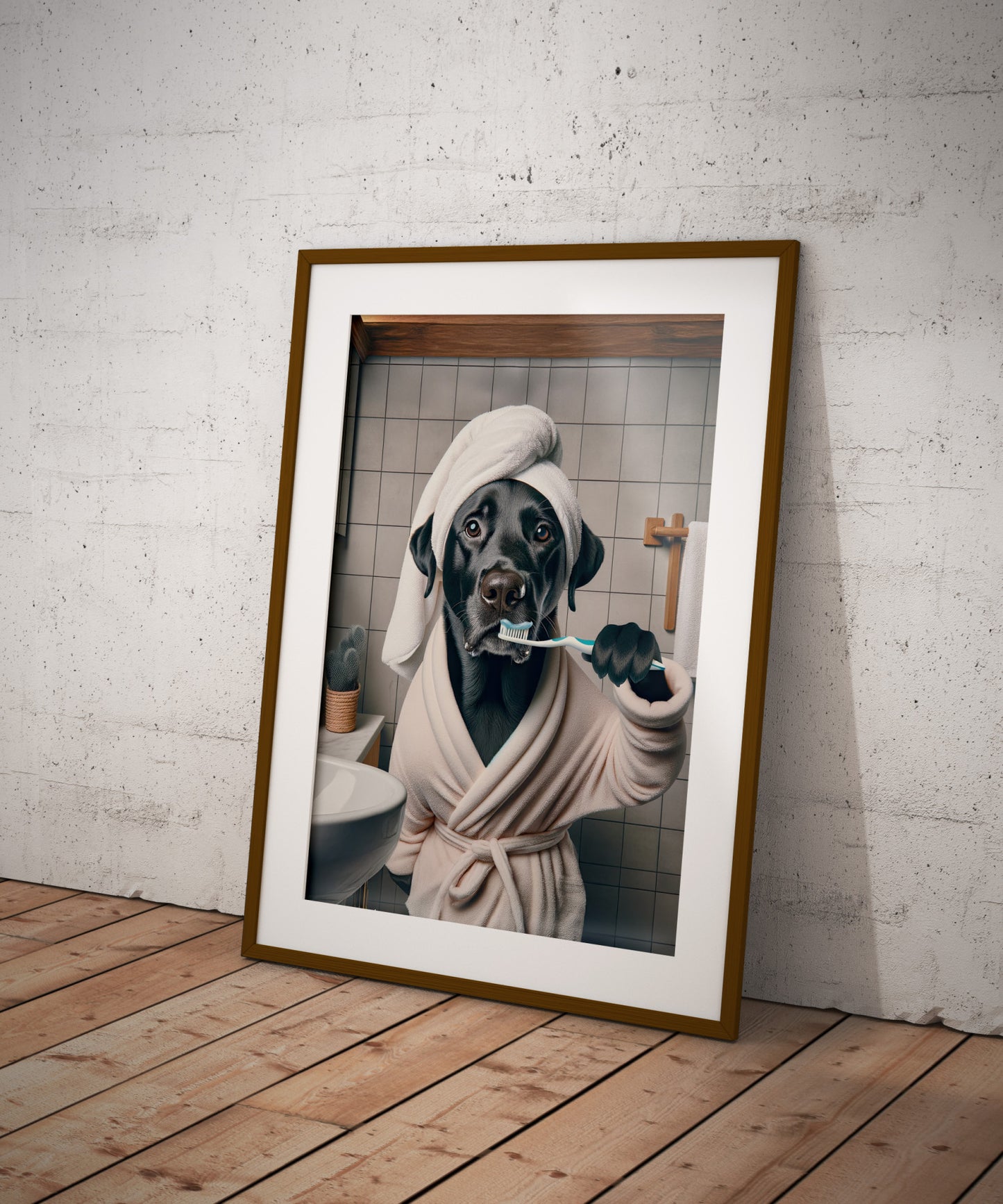 Portrait of a Black Labrador Brushing Teeth in Bathrobe – Funny Dog Bathroom Decor, Cute Poster, Labrador Frame, Gag Gift, Framed art
