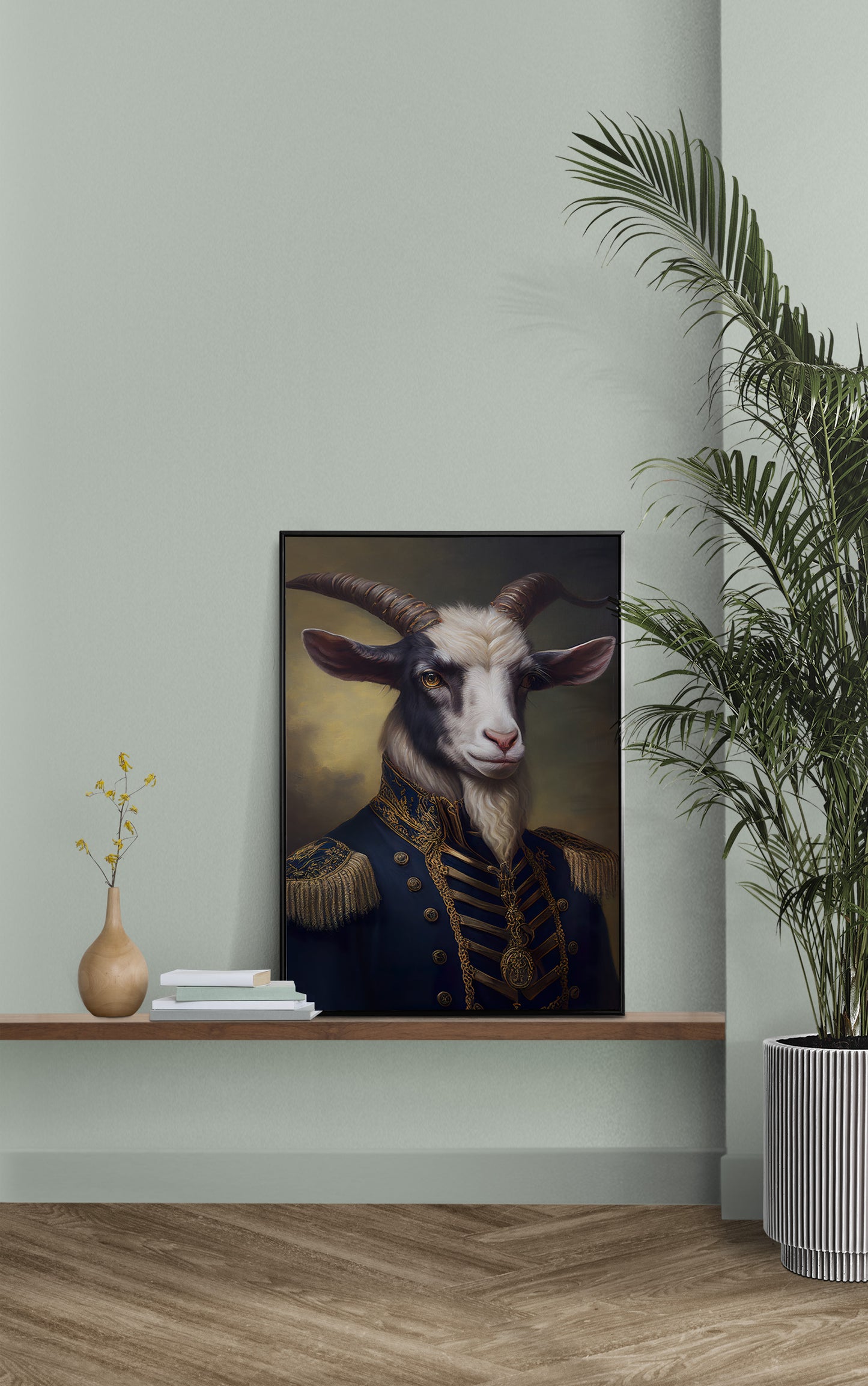 Goat officer poster on a wall shelf against a sage green wall with a potted palm