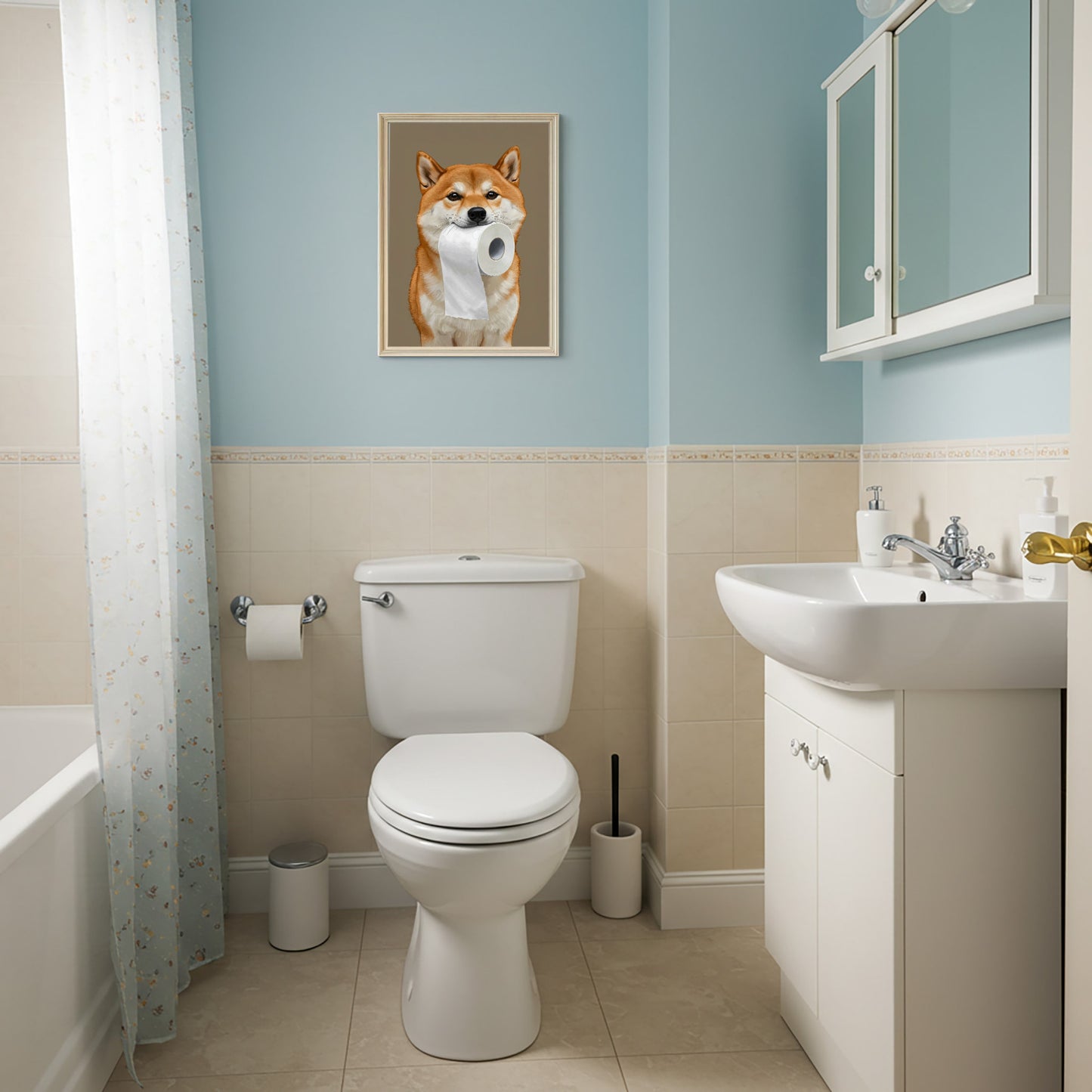 Poster Shiba Inu drôle pour WC – Affiche murale chien avec rouleau de papier toilette, déco toilette humour, idée cadeau encadrée