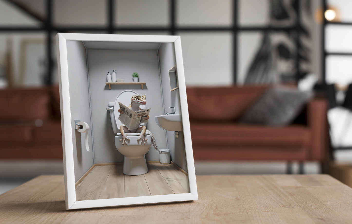 Poster Humour: Lézard Lisant le Journal, Déco WC, Cadre Salle de Bain, Cadeau Amusant