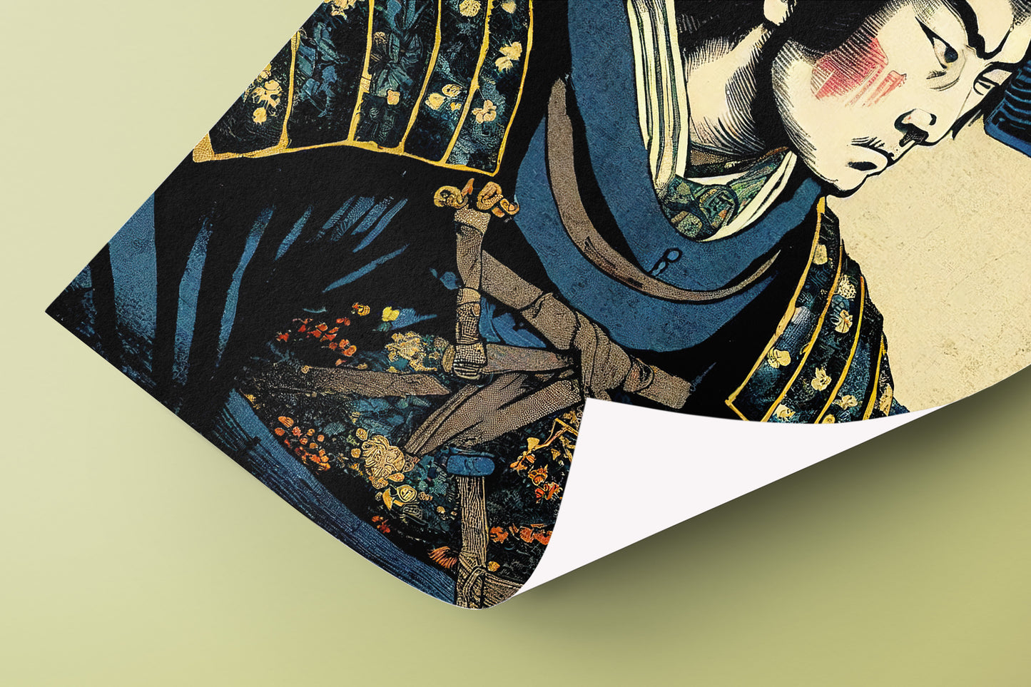 Samurai Poster with Blue Armor - Japanese Ukiyo-e Style Wall Art Decoration for Home or Office