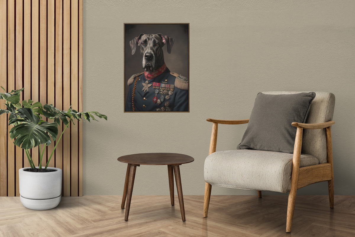 Great Dane officer poster on a taupe wall above a beige armchair next to wooden slats