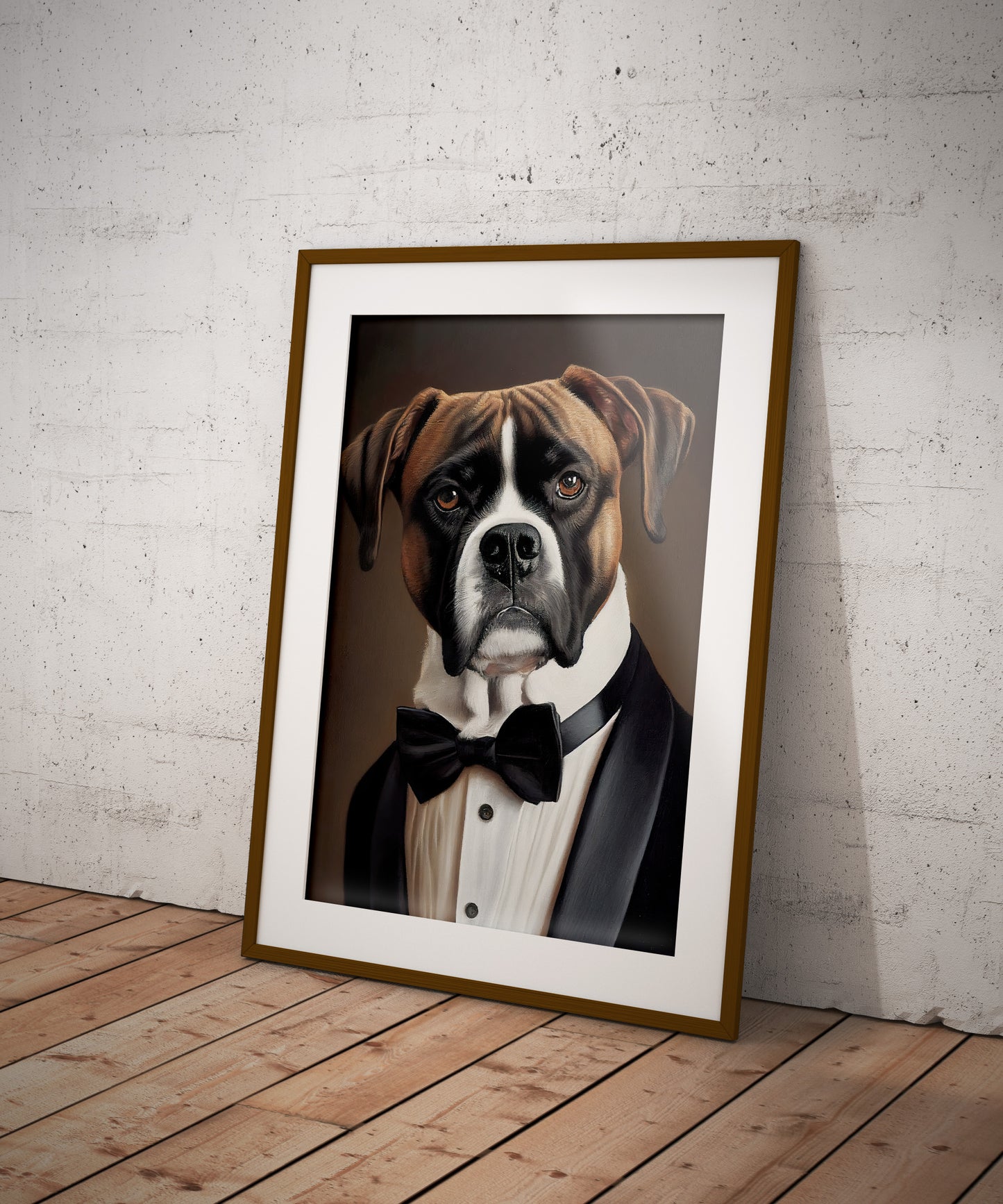 Boxer in tuxedo poster in a dark wood frame with mat, on the floor against a brick wall
