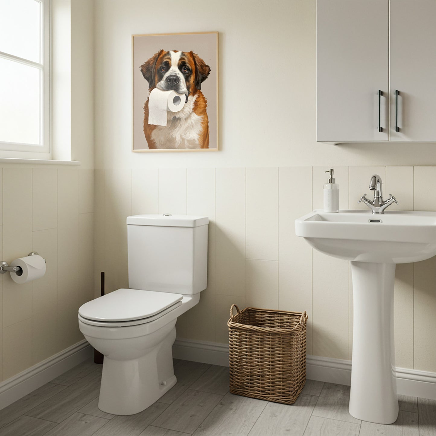 Poster chien Saint-Bernard drôle pour toilettes – Idée cadeau WC, décoration murale, affiche encadrée, art mural humoristique