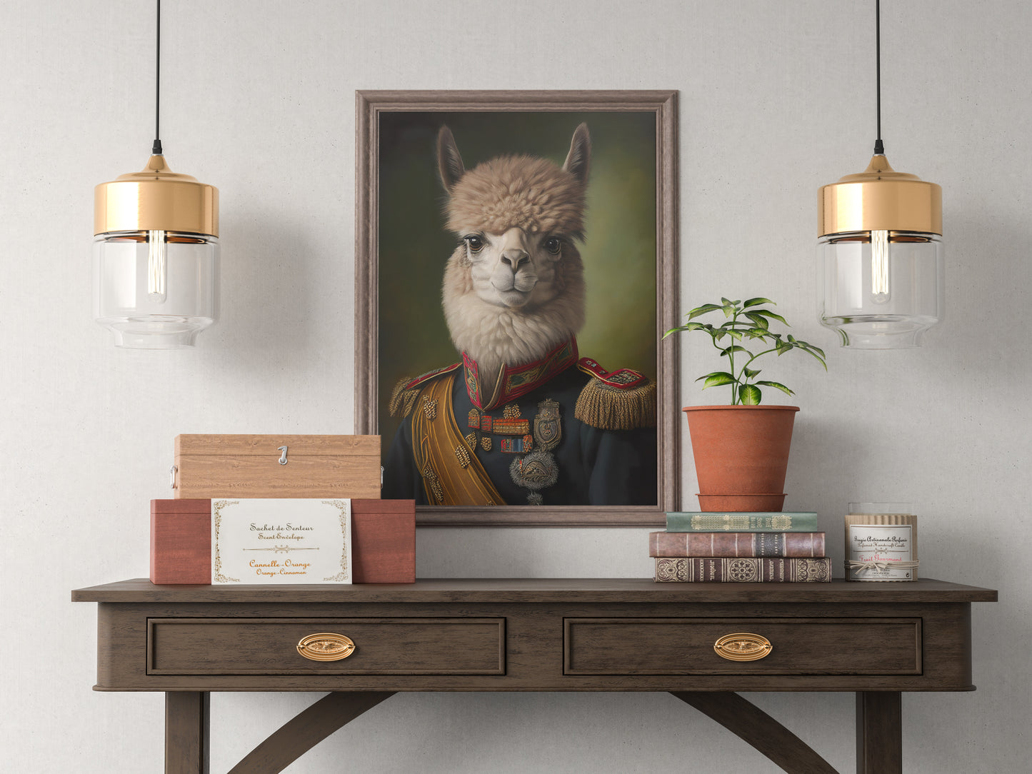 Alpaca in uniform poster in a dark wood frame above a console table between two brass pendant lights