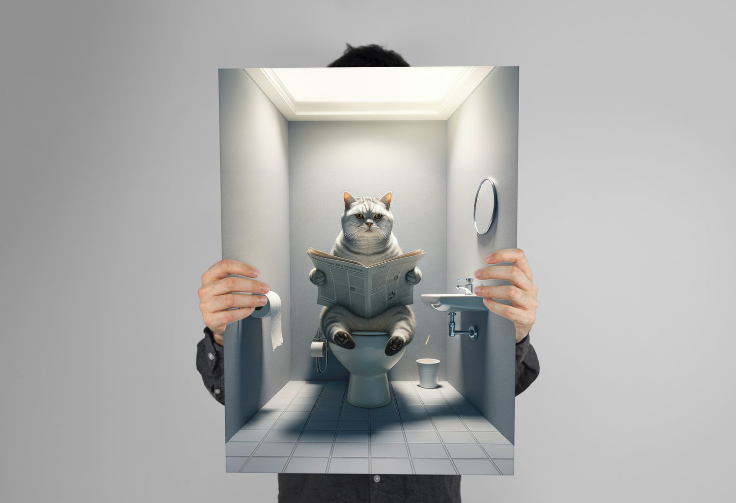Affiche chat British Shorthair tigré argenté aux toilettes tenu à deux mains devant un mur gris