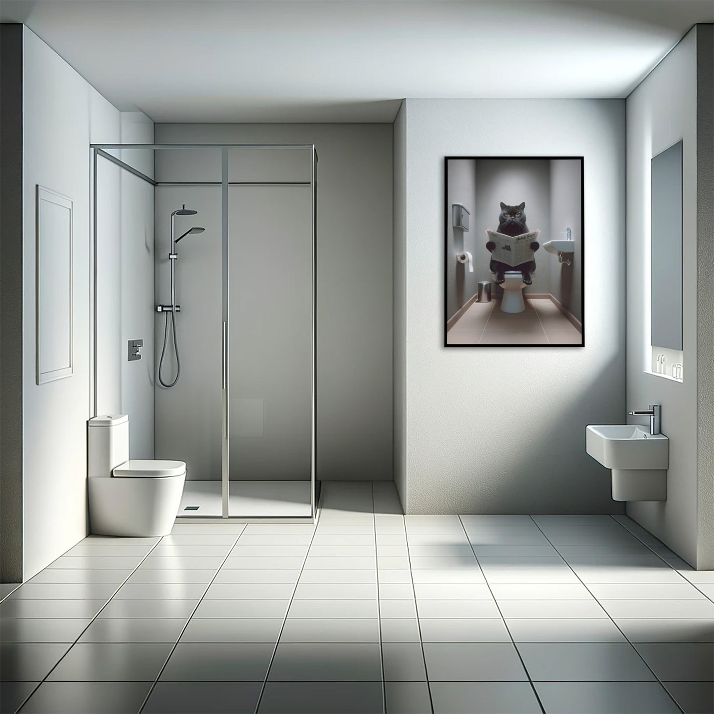 Affiche chat British Shorthair noir en cadre noir au mur d'une salle de bain grise avec douche vitrée