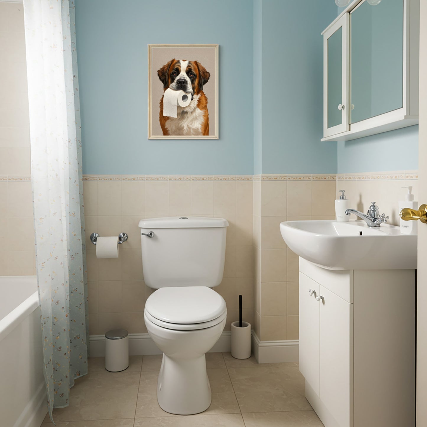 Poster chien Saint-Bernard drôle pour toilettes – Idée cadeau WC, décoration murale, affiche encadrée, art mural humoristique