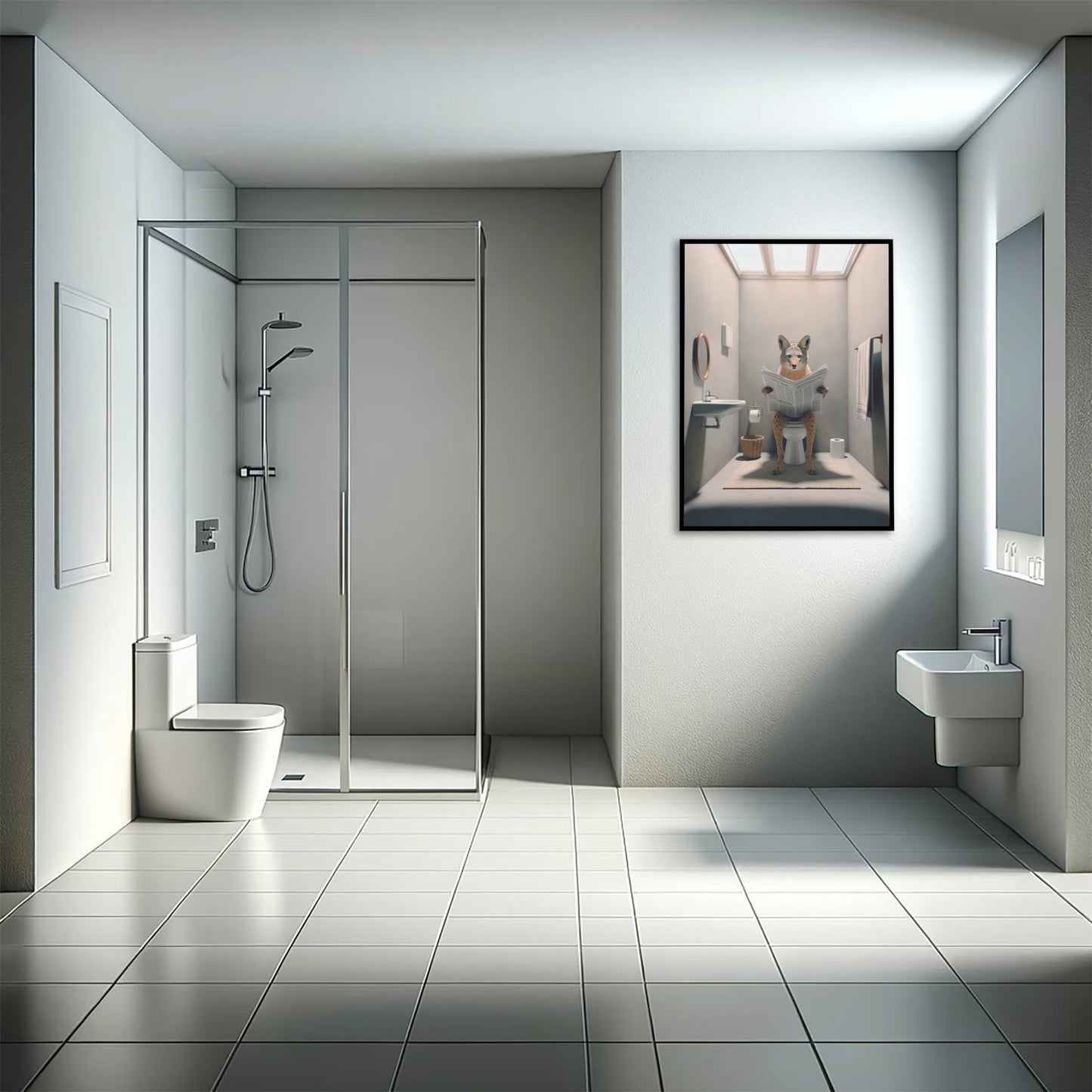 Bathroom humor jackal reading the newspaper poster, black frame near a glass shower