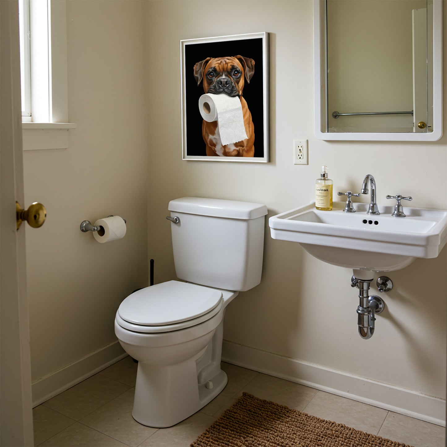 Boxer holding a toilet paper roll poster, framed above the toilet near the sink