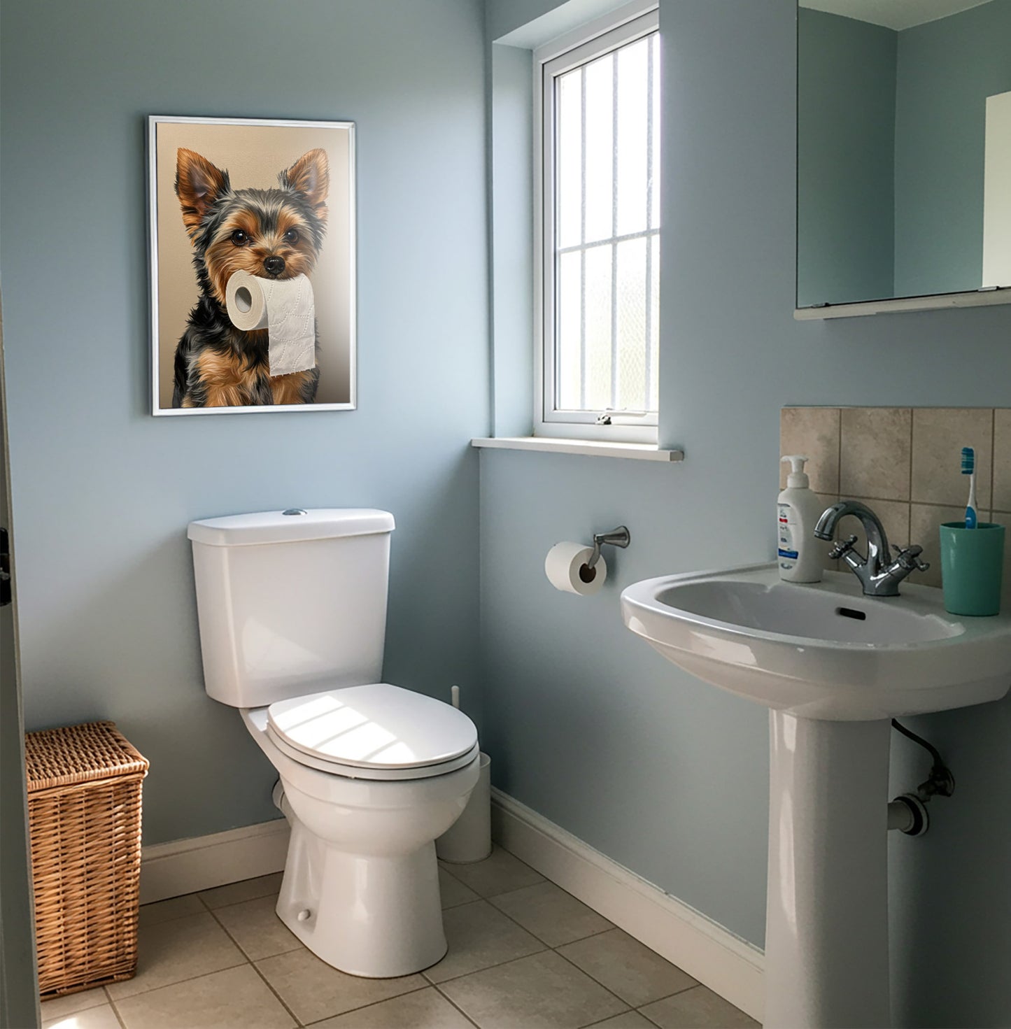 Mur bleu clair des toilettes avec le poster yorkshire au papier toilette en cadre blanc et un panier en osier