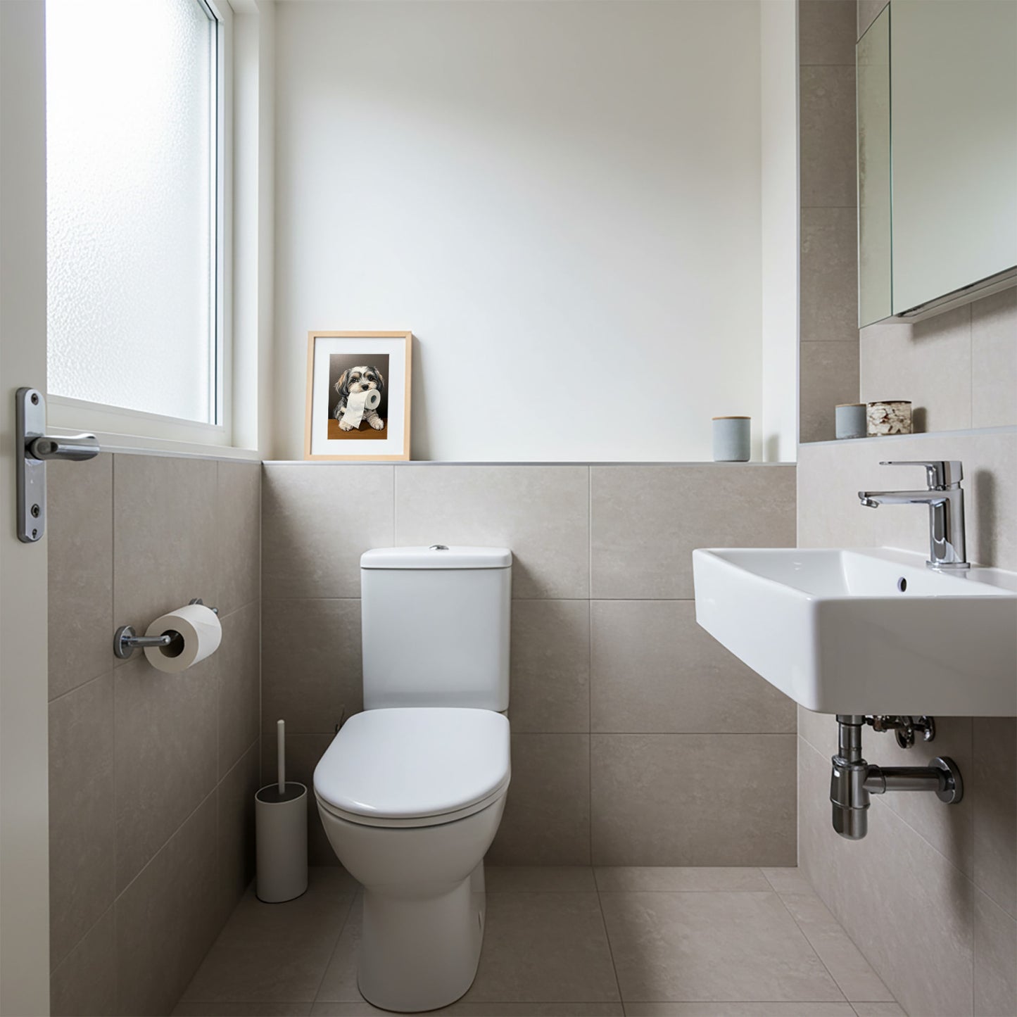 Petit cadre bois clair du poster bichon havanais au papier toilette sur un rebord carrelé au-dessus des WC