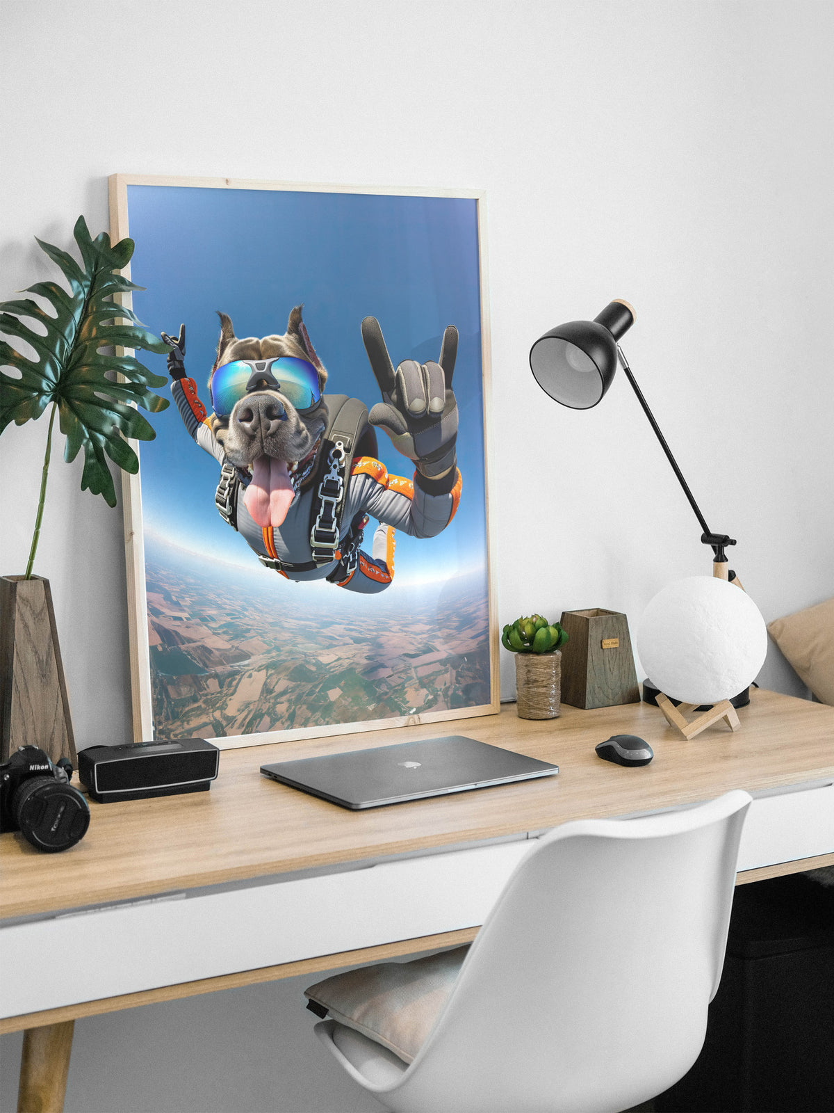 Poster Cane Corso parachutiste, cadre bois clair posé sur un bureau avec plante et lampe d'architecte