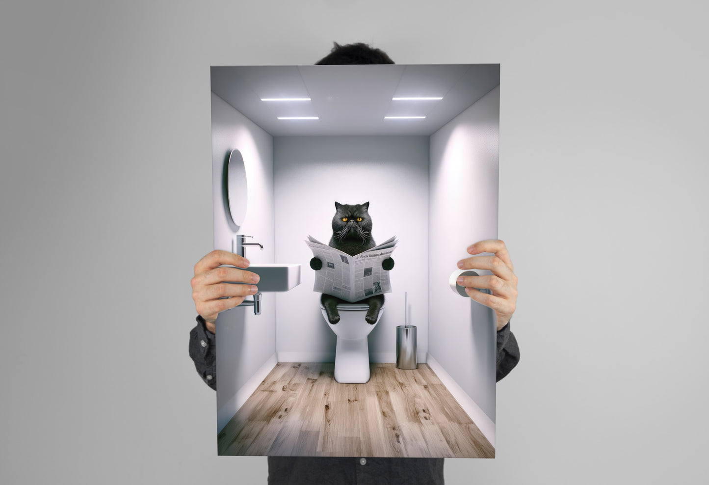Affiche murale Chat Exotic Shorthair Noir drôle lisant sur les toilettes - Déco WC & Salle de Bain, Cadeau Original Chat