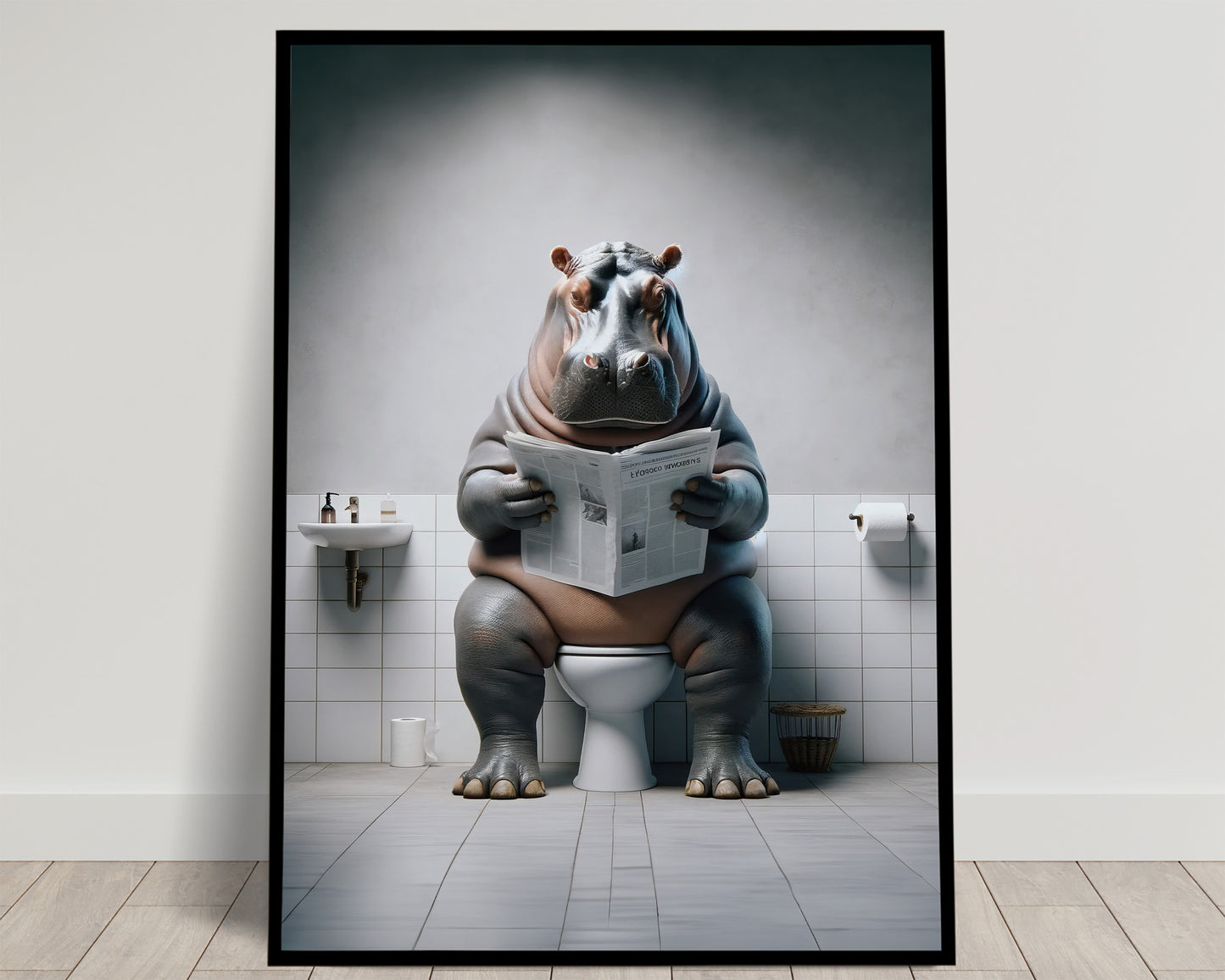 Poster Humour : Hippopotame Lisant aux Toilettes - Décoration WC Amusante - Cadre Déco Salle de Bain - Cadeau Original