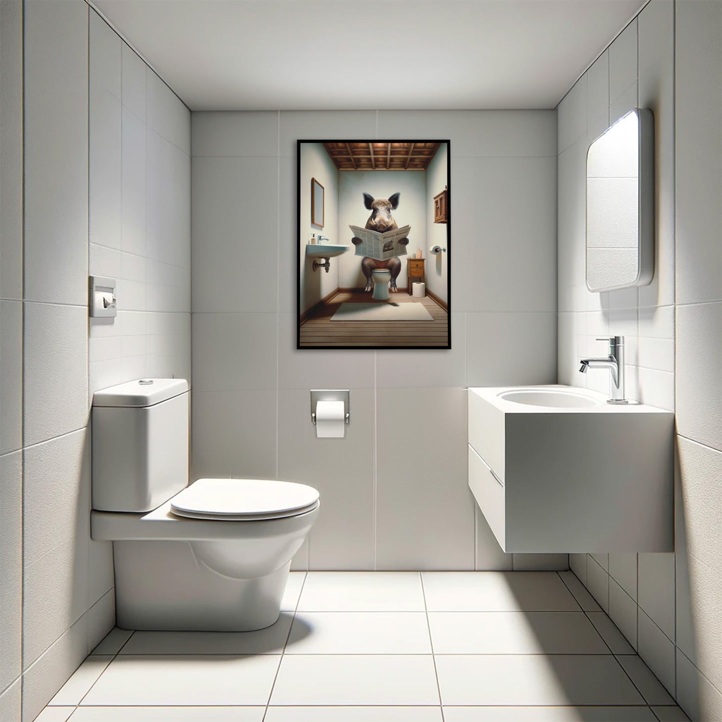 Black framed wild boar reading the newspaper print in a modern restroom with pale tiles