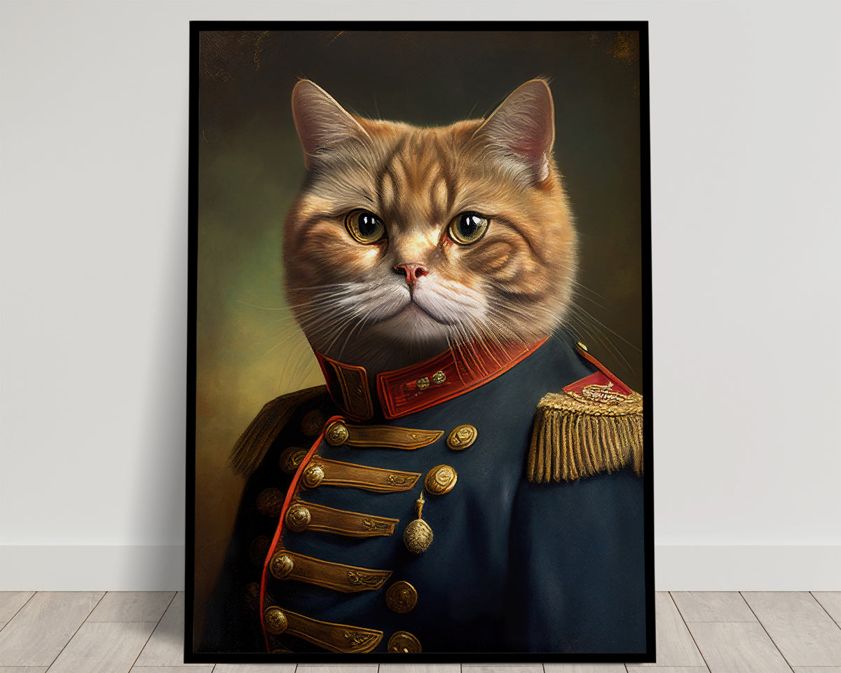 Portrait d'un chat roux tigré en uniforme bleu marine à col rouge, brandebourgs et épaulettes, poster Balthazart Studio