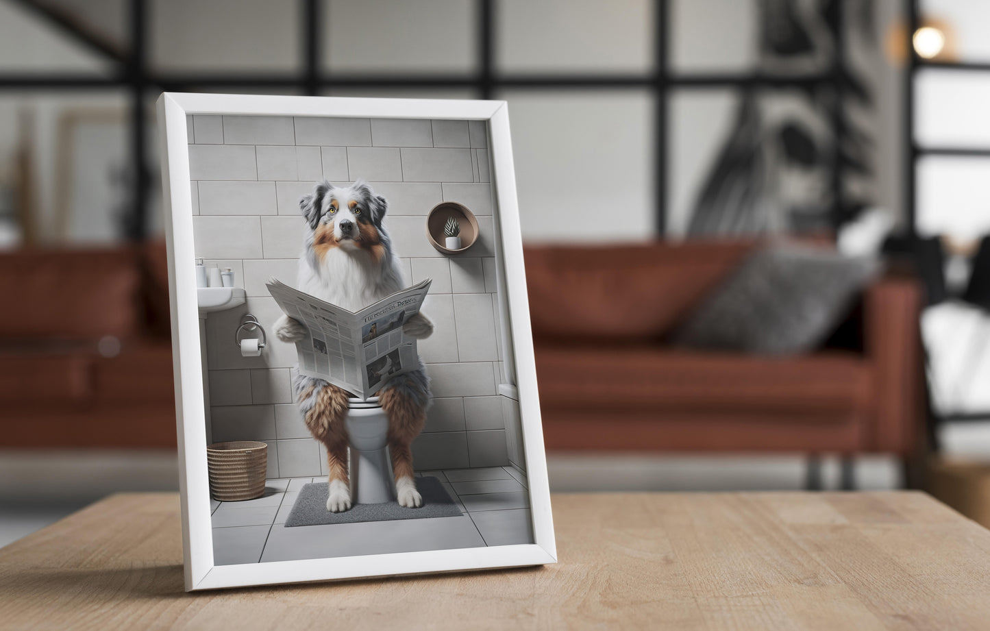 Poster Humour : Berger Australien lisant le journal - Déco Fun WC, Cadre Salle de bain, Idée Cadeau