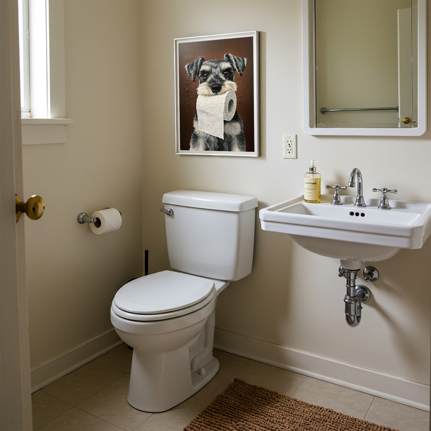 Toilettes beiges avec le poster schnauzer nain au papier toilette en cadre blanc accroché à côté du miroir