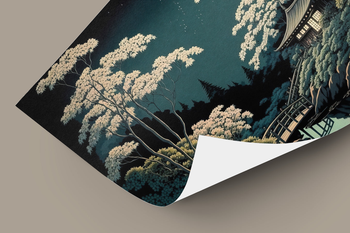 Japanese Garden Moonlight Poster | Nippon Art Style Zen Garden Wall Decor | Tranquil Landscape Wall Art