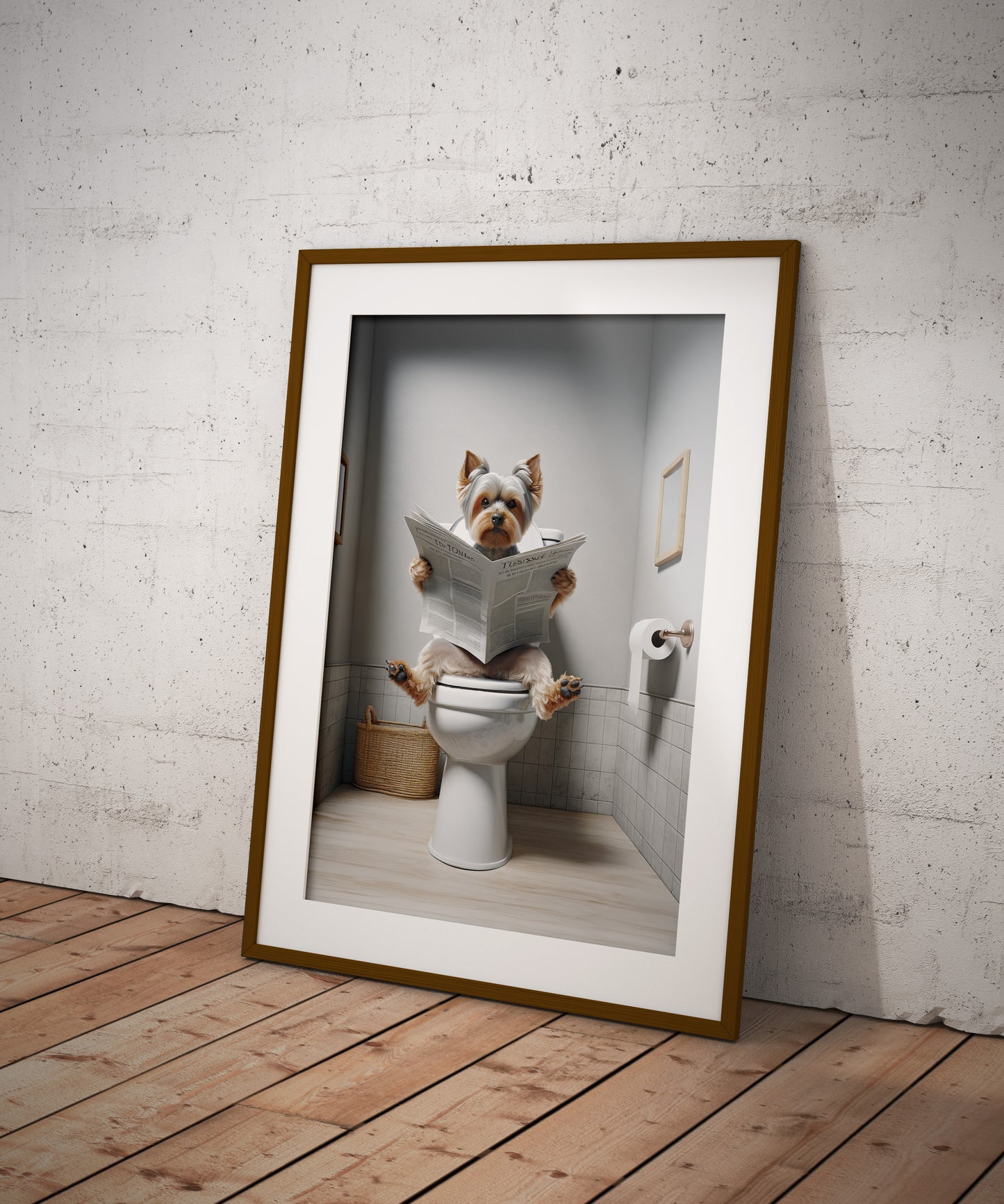 Poster Yorkshire lisant le journal sur les toilettes, Décoration Humoristique WC, Cadre Salle de bain, Idée Cadeau Fun