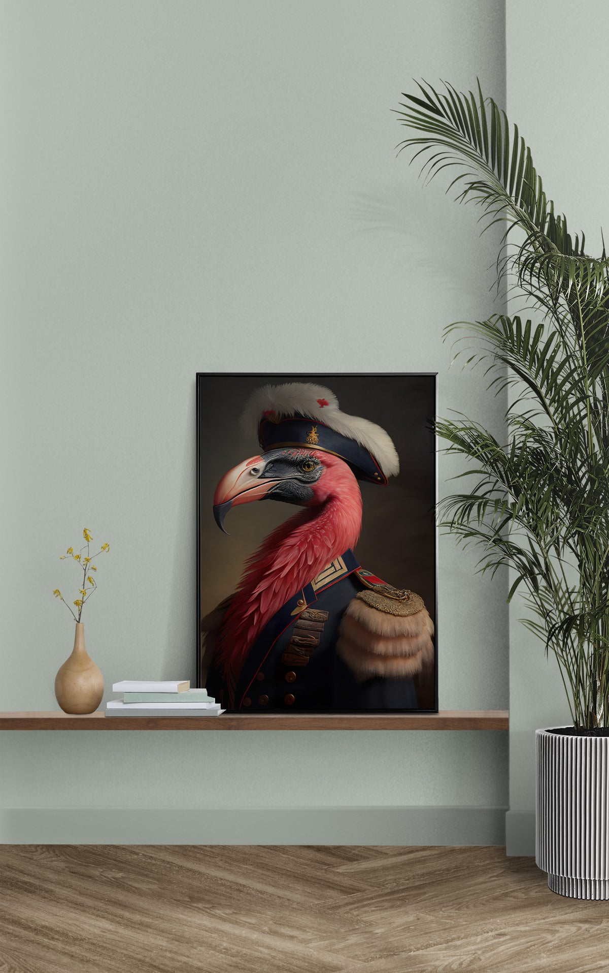Poster flamant rose en uniforme sur une étagère murale, mur vert sauge et palmier en pot