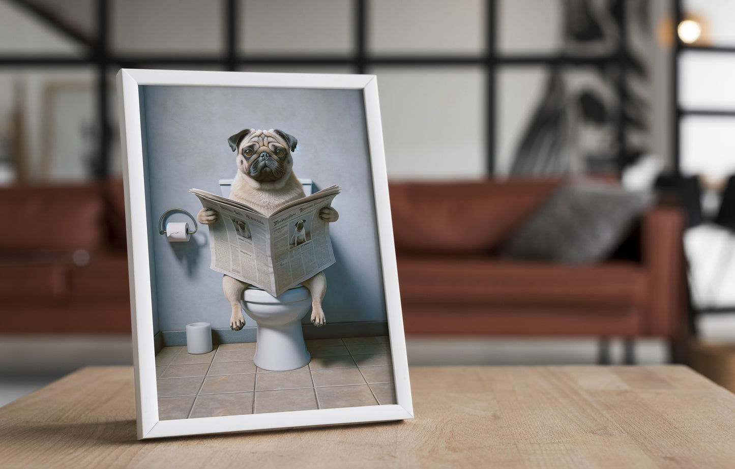 Poster Carlin lisant le journal, Décoration Humoristique WC, Cadre Salle de bain, Cadeau Fun