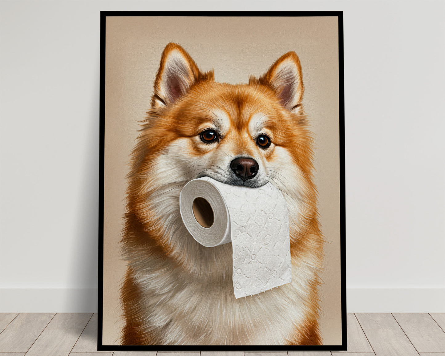 Spitz nain roux et blanc tenant un rouleau de papier toilette, fond crème, poster humour WC en cadre noir