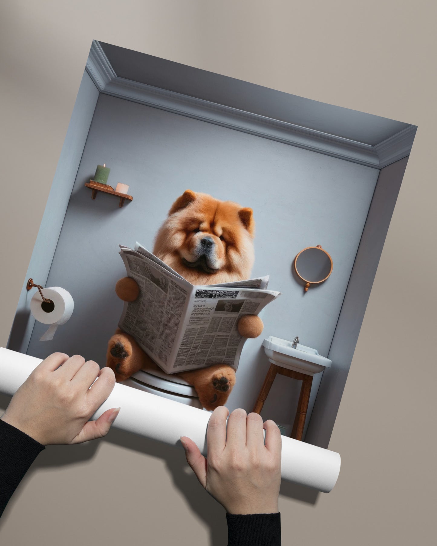 Unframed Chow Chow restroom poster unrolled by hand