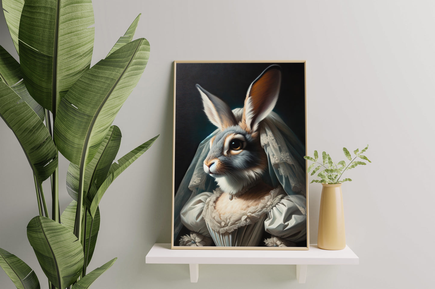 Poster lapine en robe de mariée, cadre bois clair sur une étagère murale blanche à côté d'une grande plante