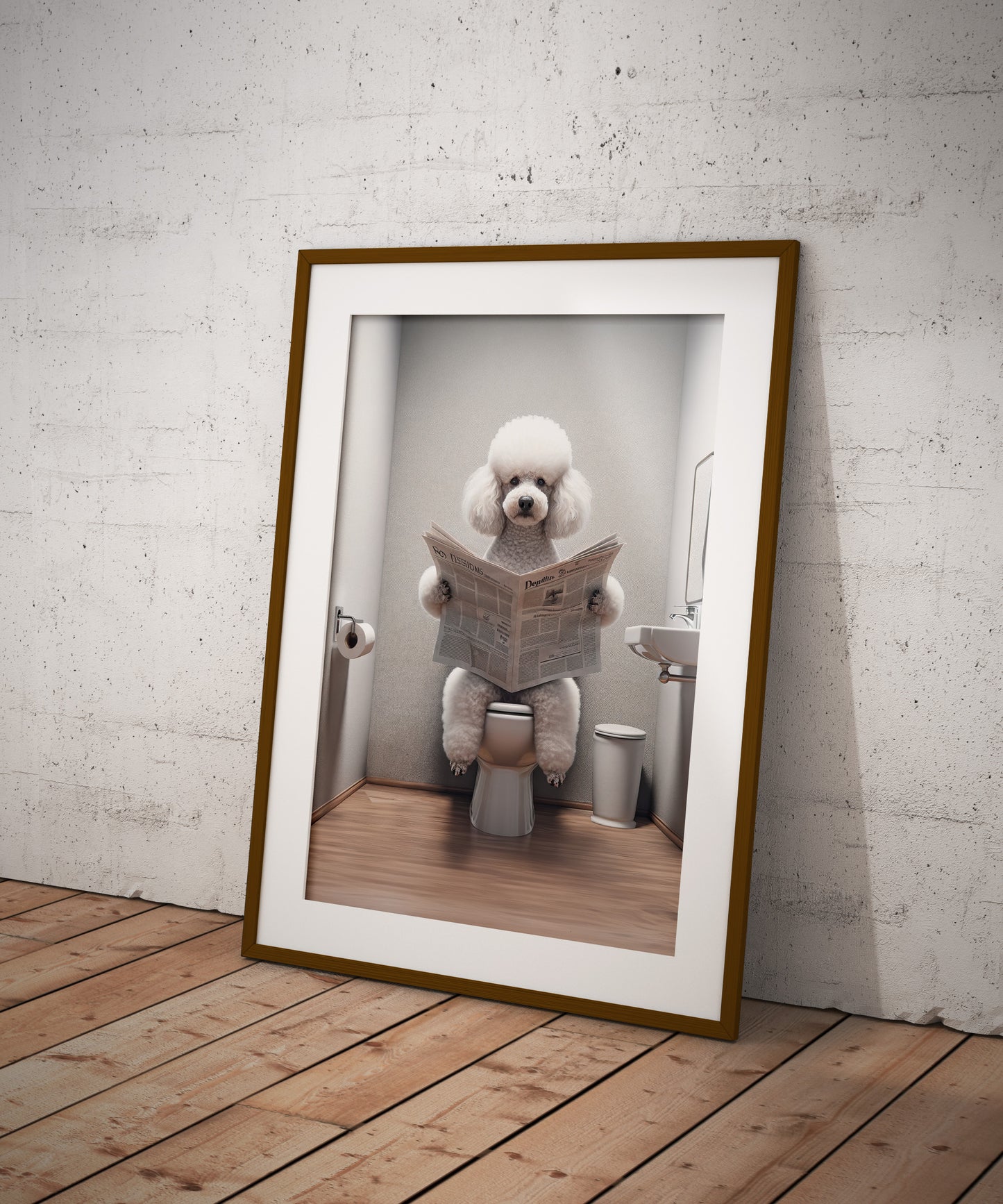 Poster Caniche Lisant le Journal sur Toilettes, Décoration Humoristique WC, Cadre Déco Salle de Bain, Cadeau Fun