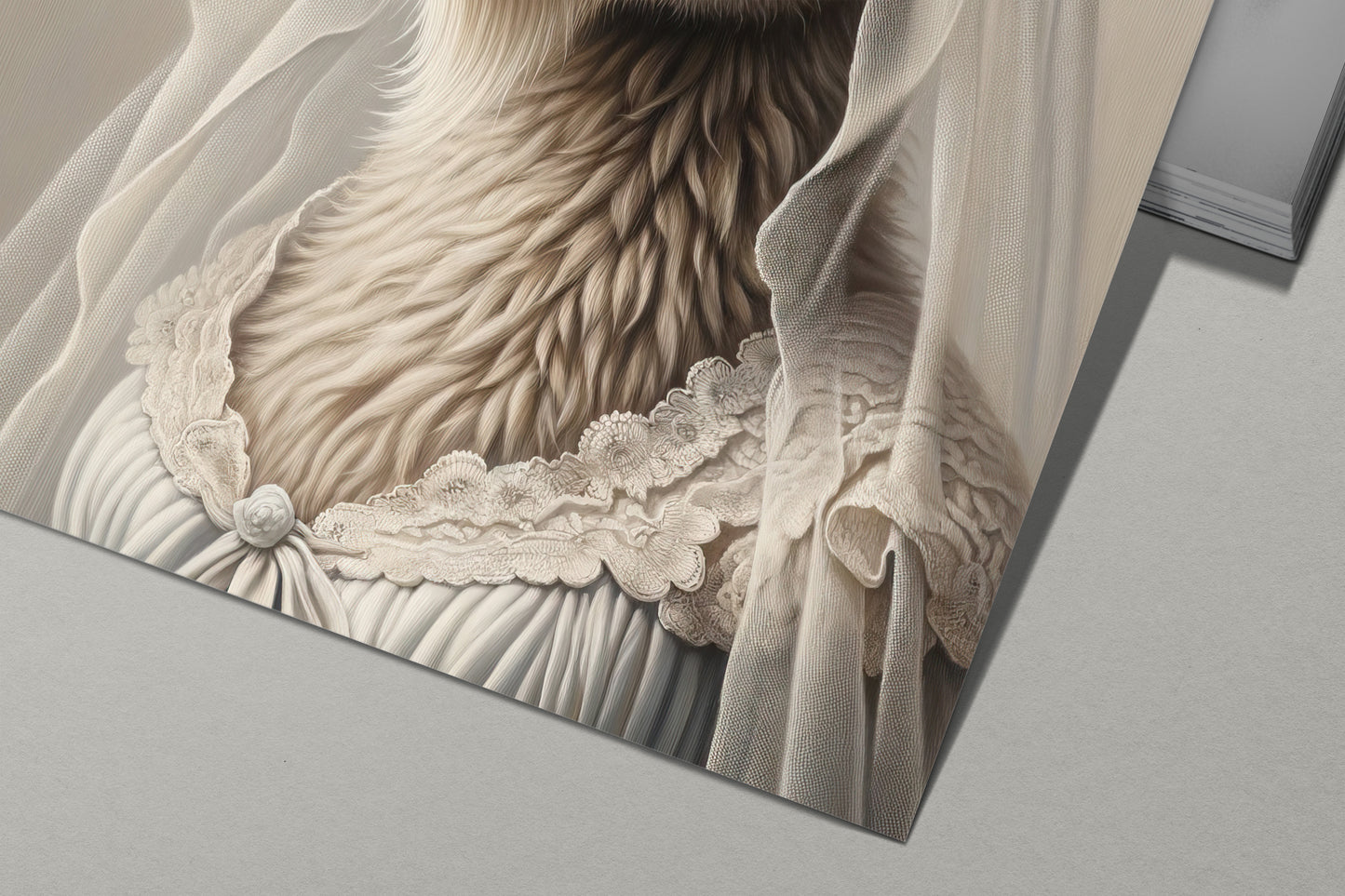 Close-up of the sheep in a wedding dress poster: woolly neck and white lace collar